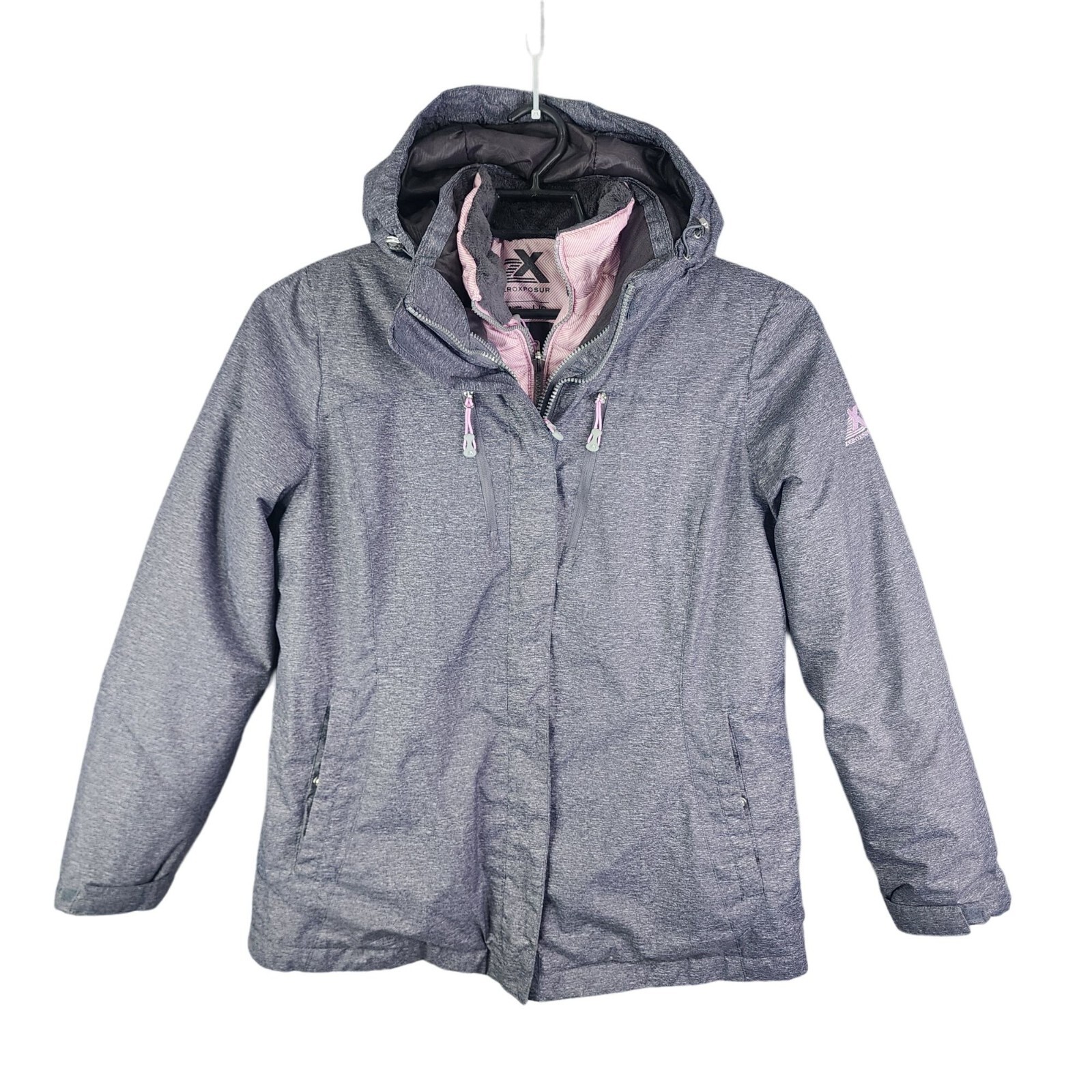 火々折(灰草)∶over loose jacket Womens Gray & Pink Zeroxposur Hooded Coat Jacket Full Zip