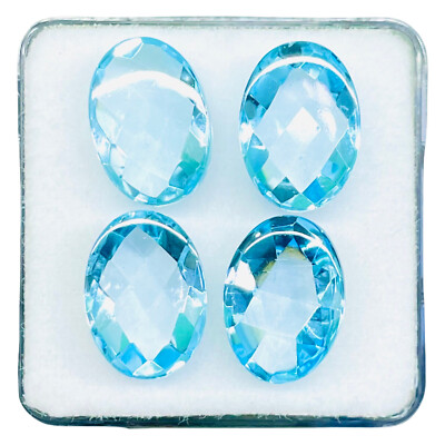4 Pcs Natural Sky Blue Topaz 14x10mm Oval Rose Checker Cut Loose Gemstones Lot