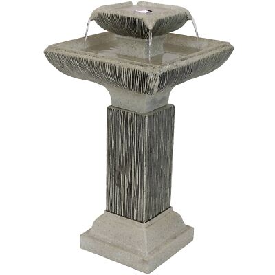 Square Resin Outdoor 2-Tier Bird Bath Water Fountain with Lights by Sunnydaze