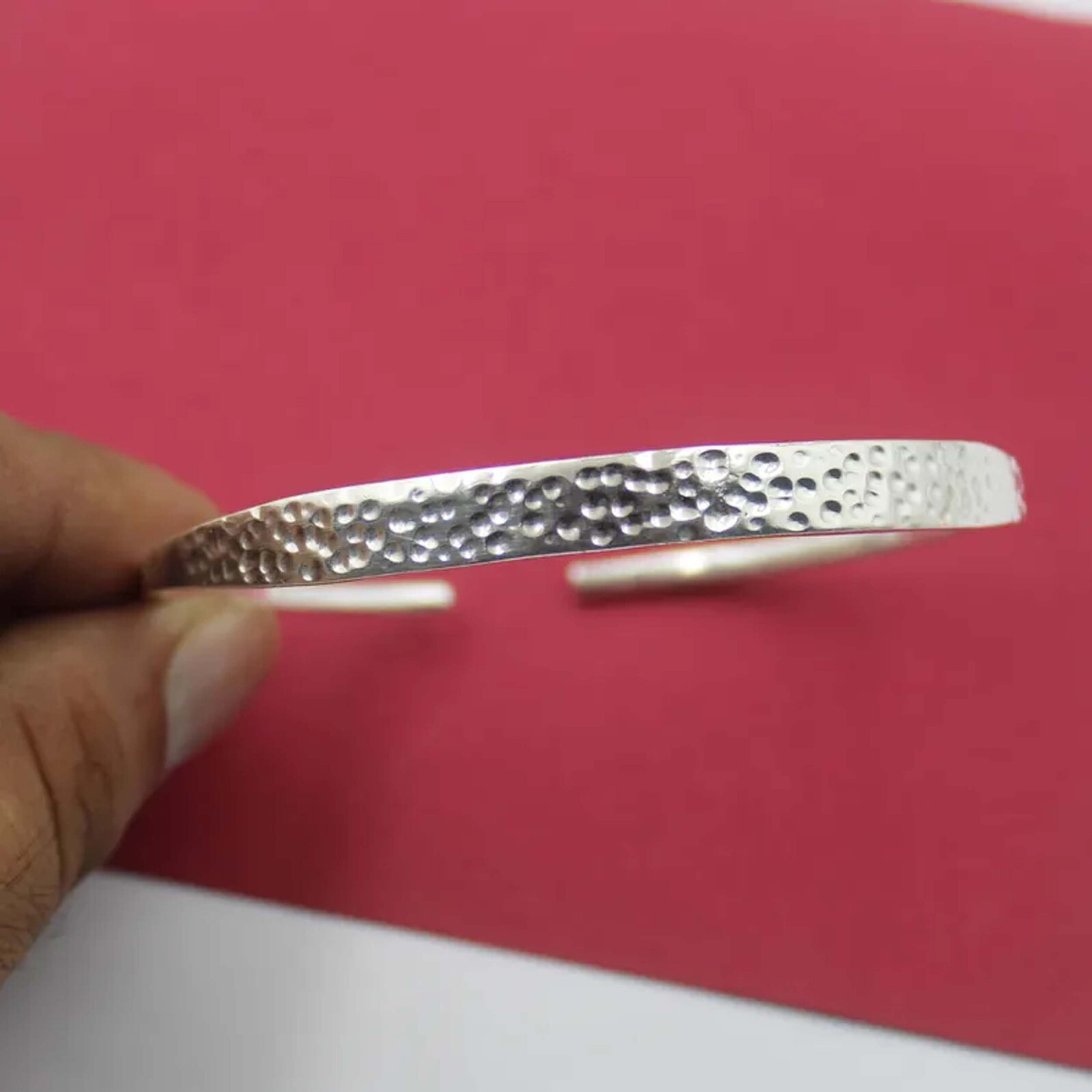 925 Silver Hammered Cuff Bracelet Handmade Adjustable Wide