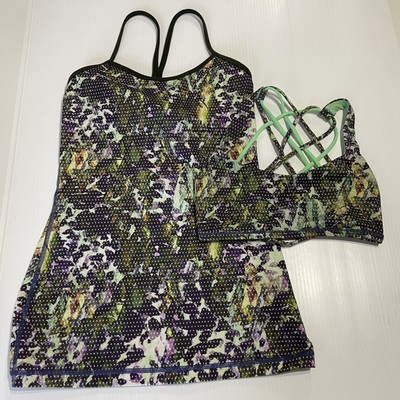Lululemon Power Y Tank And Bra Luon Floral Multi / Gator Green Sz 4 Two Pieces