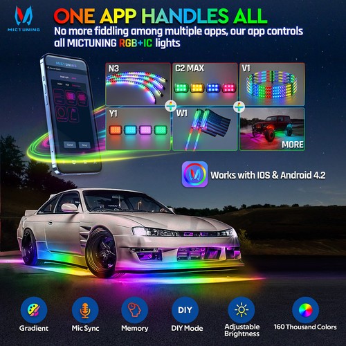 MICTUNING N8 RGBW N3 RGB LED Strips Under Car Tube Exterior Underglow Neon Light