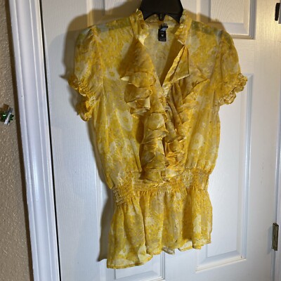 B. Tru Women MEDIUM Blouse Top Sheer See Through Floral Button Adult Fashion Fun