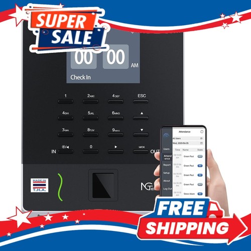 NGTeco APP Time Clock Fingerprint Biometric PIN System 2.4GHz WiFi Employee