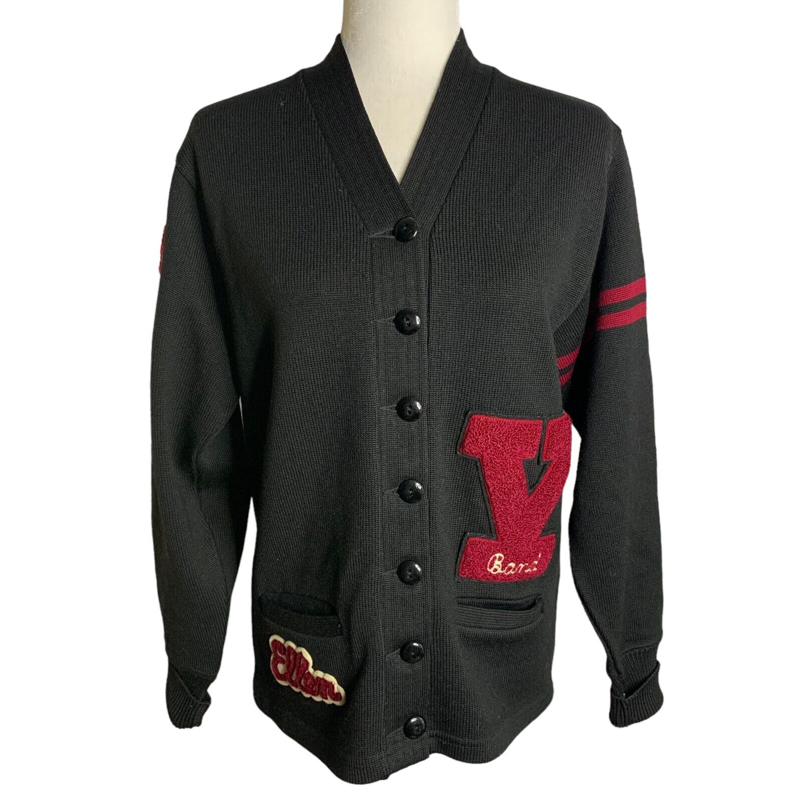 Vintage 50s Varsity Cardigan Sweater Womens M Black Wool Vintage 50s Varsity Cardigan Sweater Womens M Black Wool