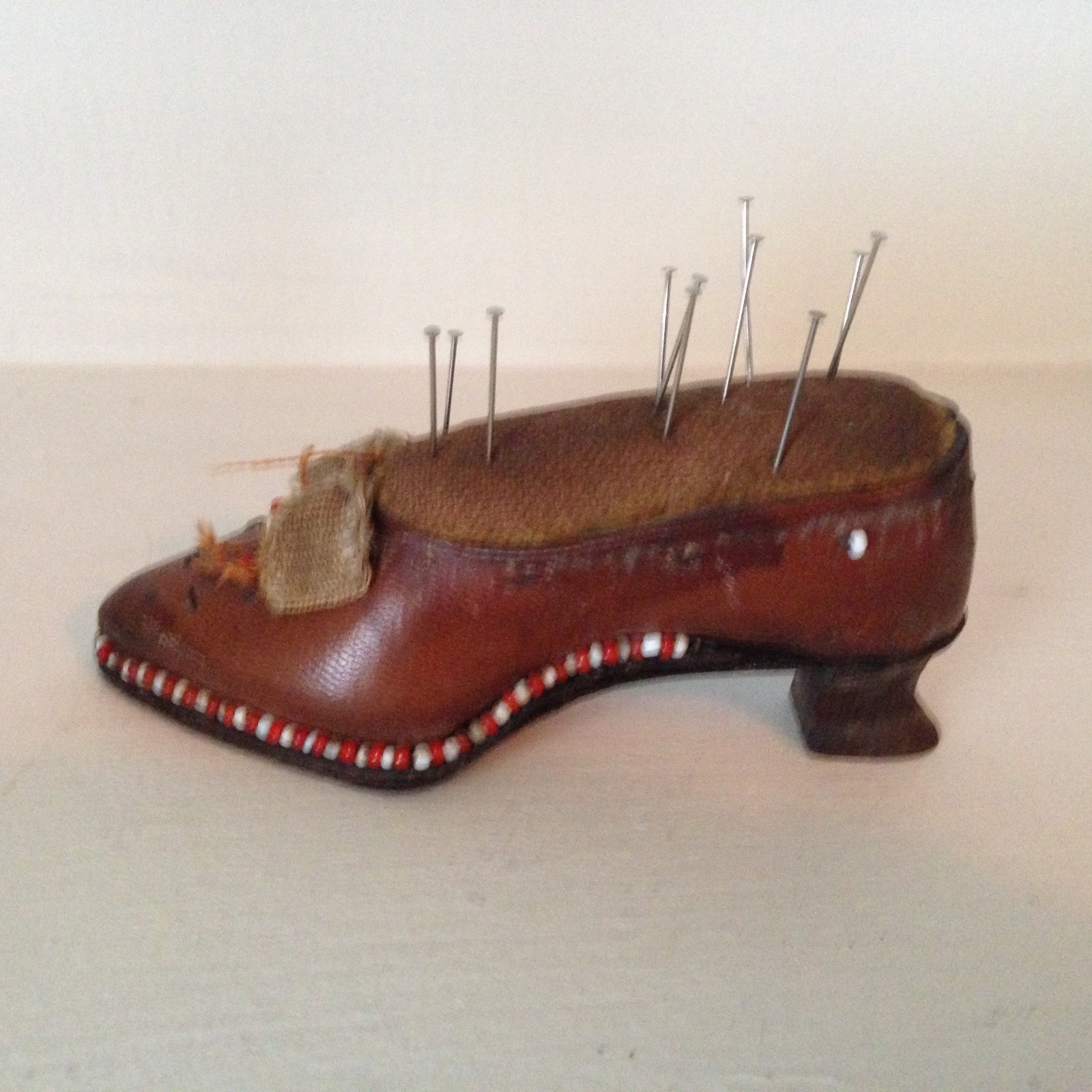 HAND MADE LEATHER SHOE BEADED VICTORIAN PIN CUSHION  RARE GREAT DESIGN