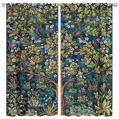 William Morris Curtains,Retro Woodpecker Floral Flowers Print Window Drapes f...