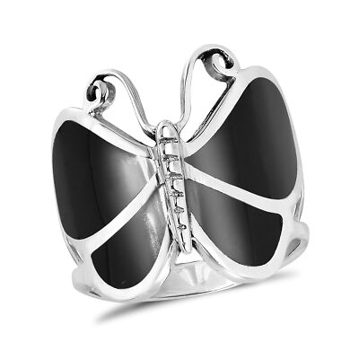 Captivating Butterfly Motif Black Onyx Statement Sterling Silver Ring-9