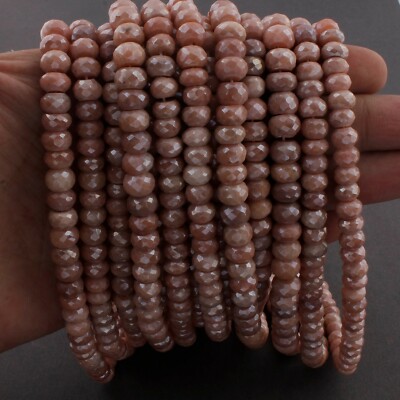 1 Strand Peach Moonstone Silver Coated Faceted Rondelles - Roundel Beads 7mm-8mm
