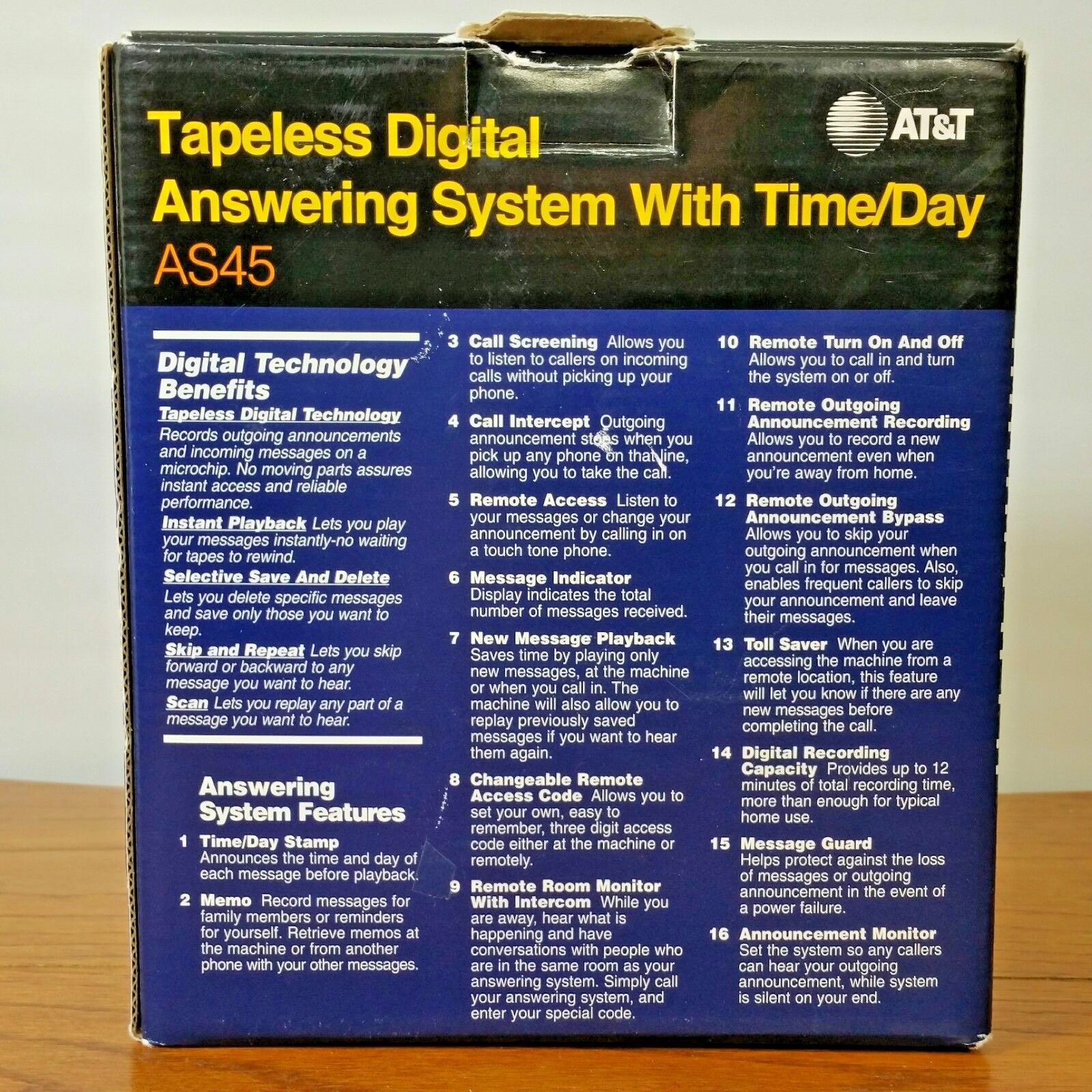 AT&T AS45 Tapeless Digital Answering Machine with Time Day Original Box