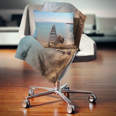 Designart 'Old Pier at Beach Panoramic View' Wooden Sea Blue 71 in. x 59 in.