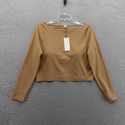 Calia Womens Boat Neck Crop Top XXL Brown Long Sleeve Built In Bra NEW