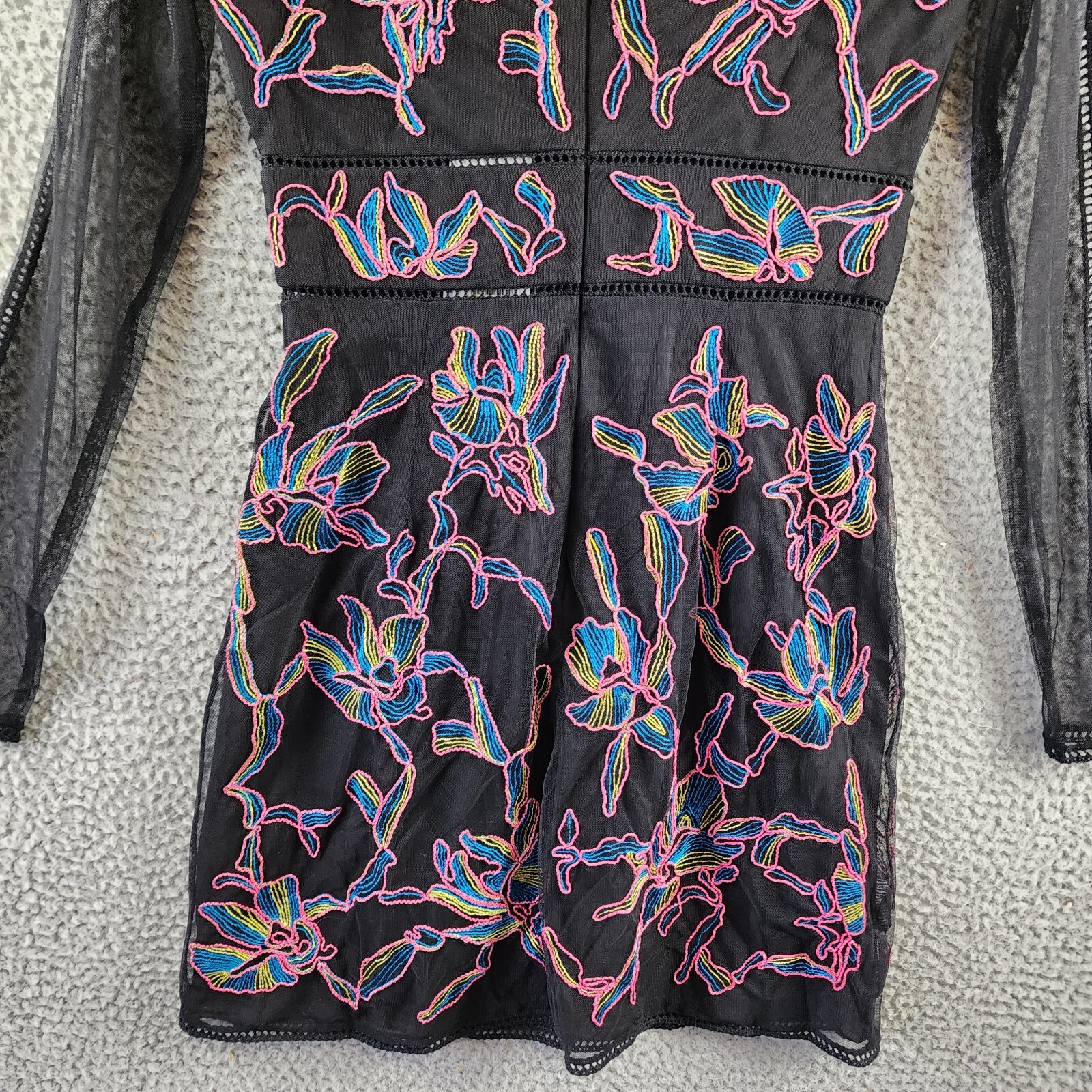 French Connection Emilia Embroidered Long-Sleeve Dress Women's 2 Blackout Zipper - Picture 14 of 14