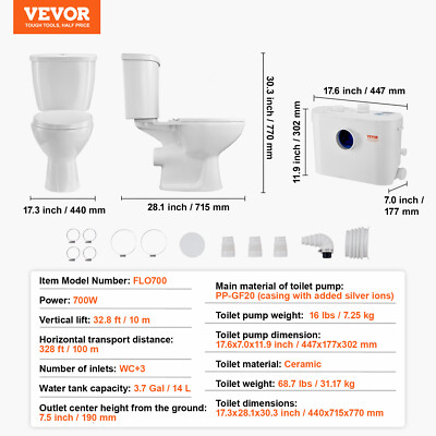 VEVOR Macerating Toilet System with 700W Pump Upflush Toilet For Basement