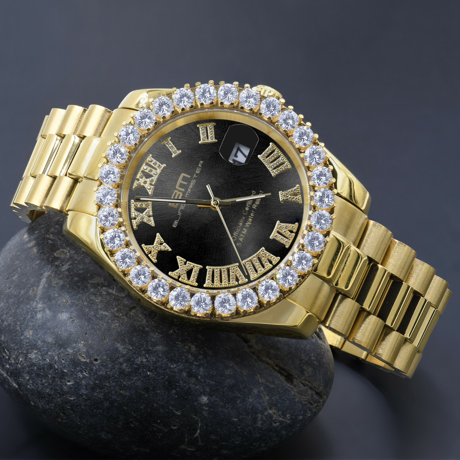 Pre-owned Bling Master Solid Steel Black Dial 18k Gold Simulated Diamonds Presidential 42mm Men's Watch