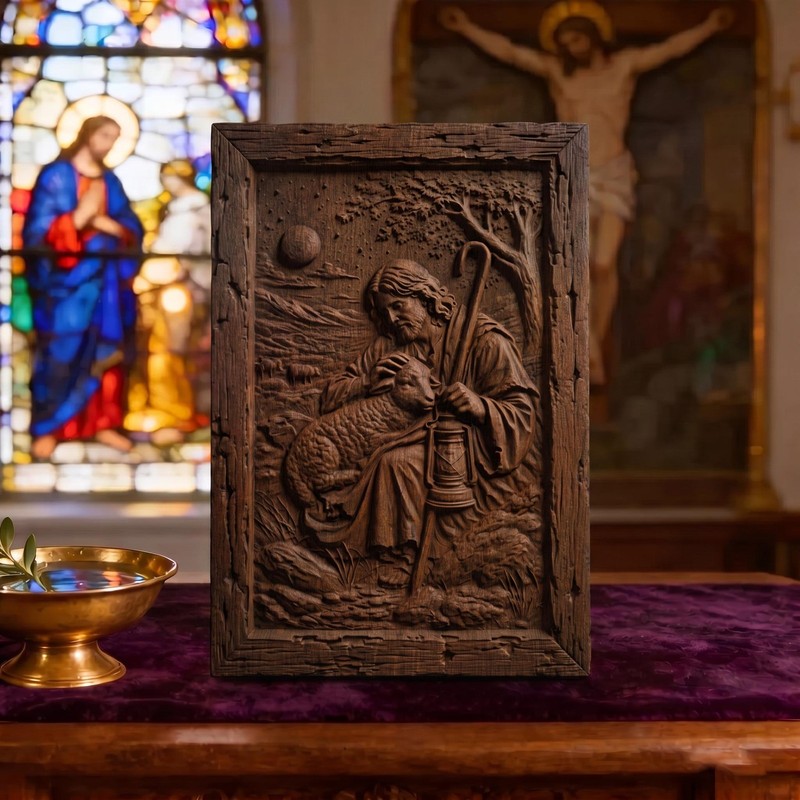 Jesus Christ the Shepherd Wooden Carved Handmade Christian Icon Home Decor