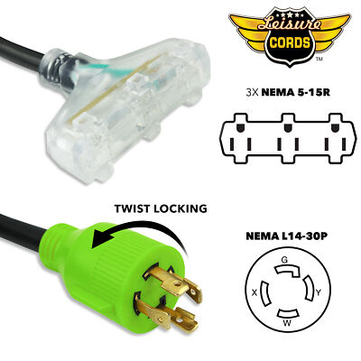 Leisure Cords L14-30P to (3) 5-15R Generator Cord adapter 30 amp to 15 amp 18"