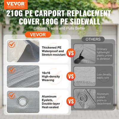 VEVOR Carport Replacement Canopy Car Shelter Tent Top+Side Wall 10x20 ft Grey
