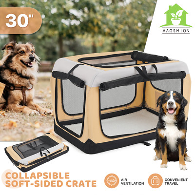 30 Inch Beige Soft Dog Cat Crate Travel Cage Pad Large Pet Collapsible w/3 Doors