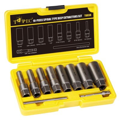 Topec 10-Piece Spiral Type Deep Bolt Extractor Set Spark Plug Extraction Sock...