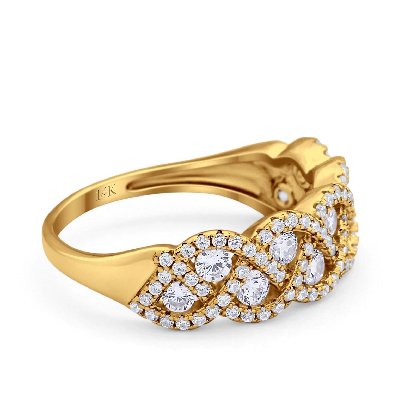 Pre-owned Blueappleco 14k Yellow Gold Weave Crisscross Infinity Ring Round Simulated Cubic Zirconia In Pink