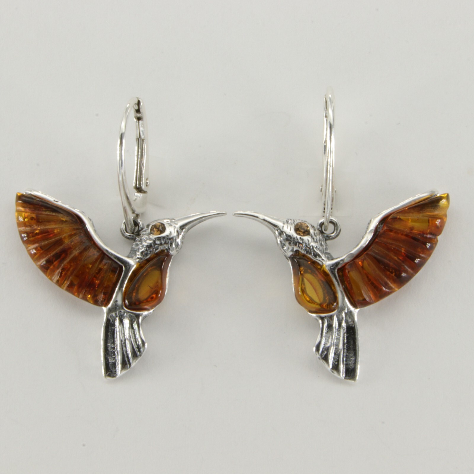 Brown BALTIC AMBER Hummingbird Leverback Earrings 925 STERLING
