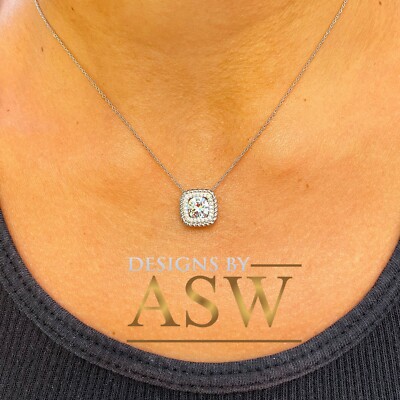 Pre-owned Knr 14k White Gold Round Moissanite And Natural Diamonds Pendent Necklace 1.15ctw