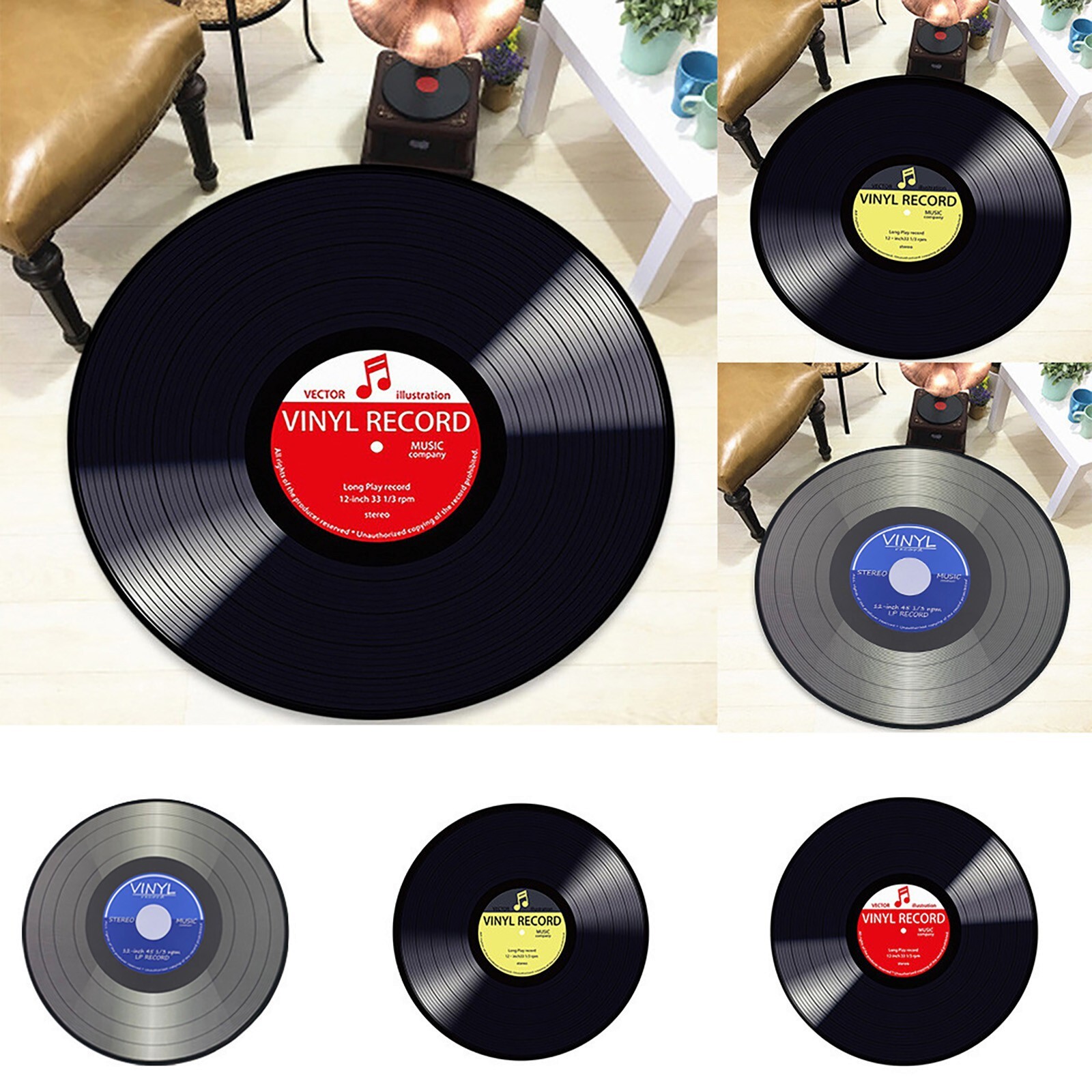 Vinyl Record Printed Soft Fabric Round Floor Mat Carpet Room Area Bedroom Rug