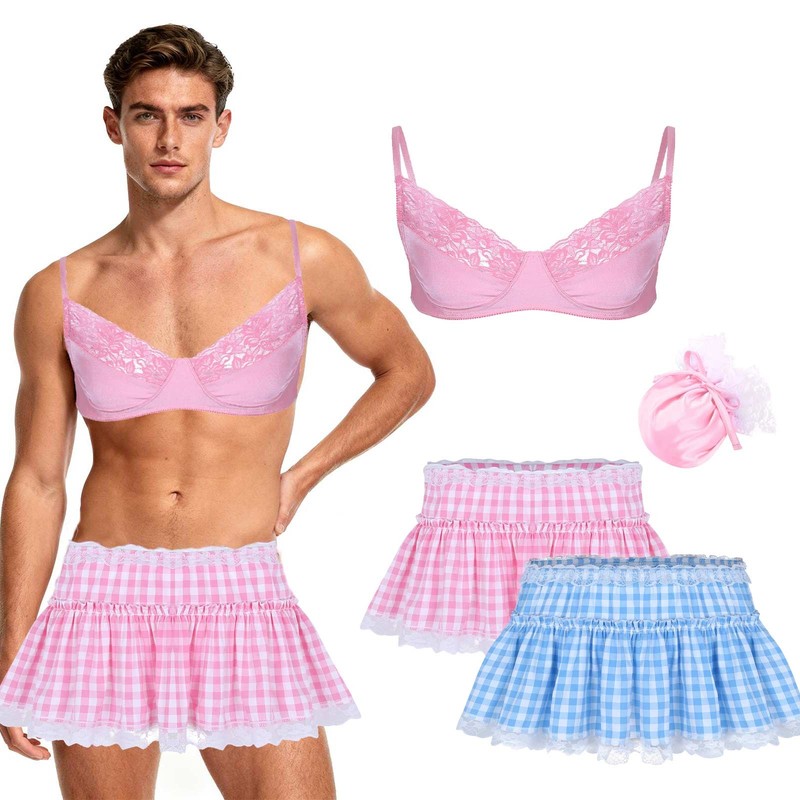 Men Ruffle Lace Pleated Gingham A-line Mini Skirt Sissy Skirt For