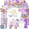 Xigejob Butterfly First Birthday Decorations Girl - Butterfly 1st Birthday Party Supplies, Include Balloon Arch, Backdrop, Balloon Box, Highchair Banner, Hat, Photo Banner