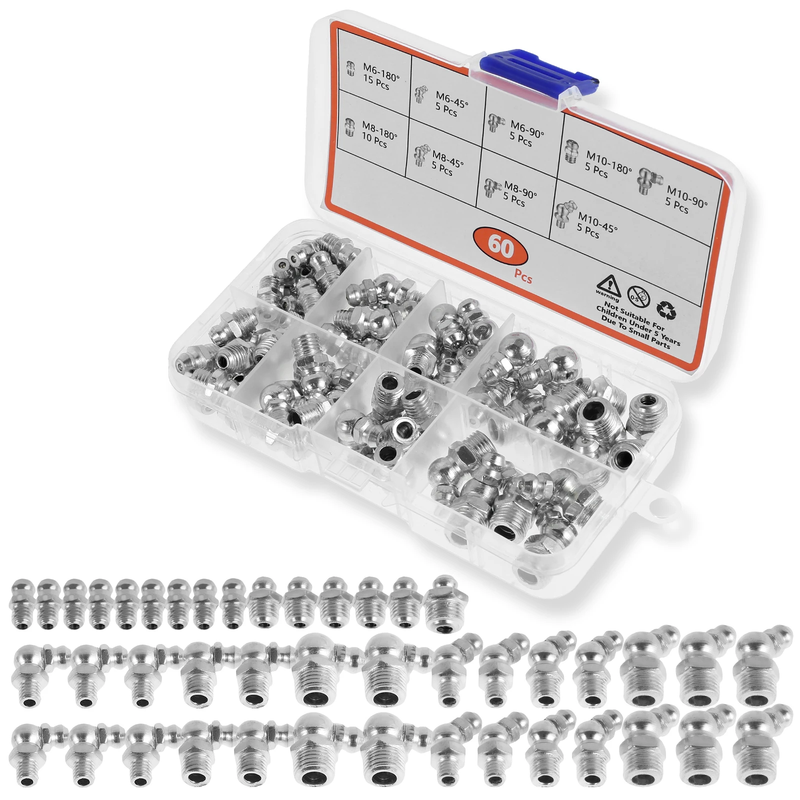 60/120Pcs Metric Grease Fitting Kit 9 Type Galvanized Metal Hydraulic Grease Zer