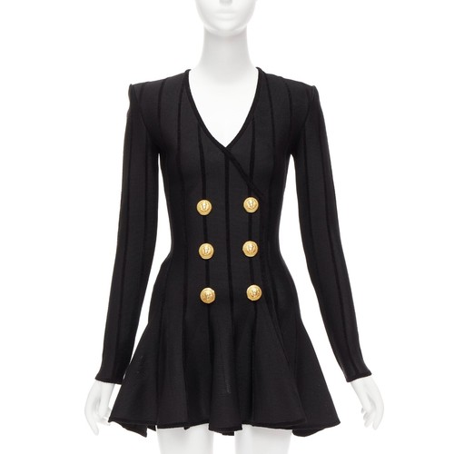BALMAIN ストライフニットミニスカト DF1LBA23KG7490VI10PA EAB BALMAIN 2023 black striped chenille gold lion button mesh