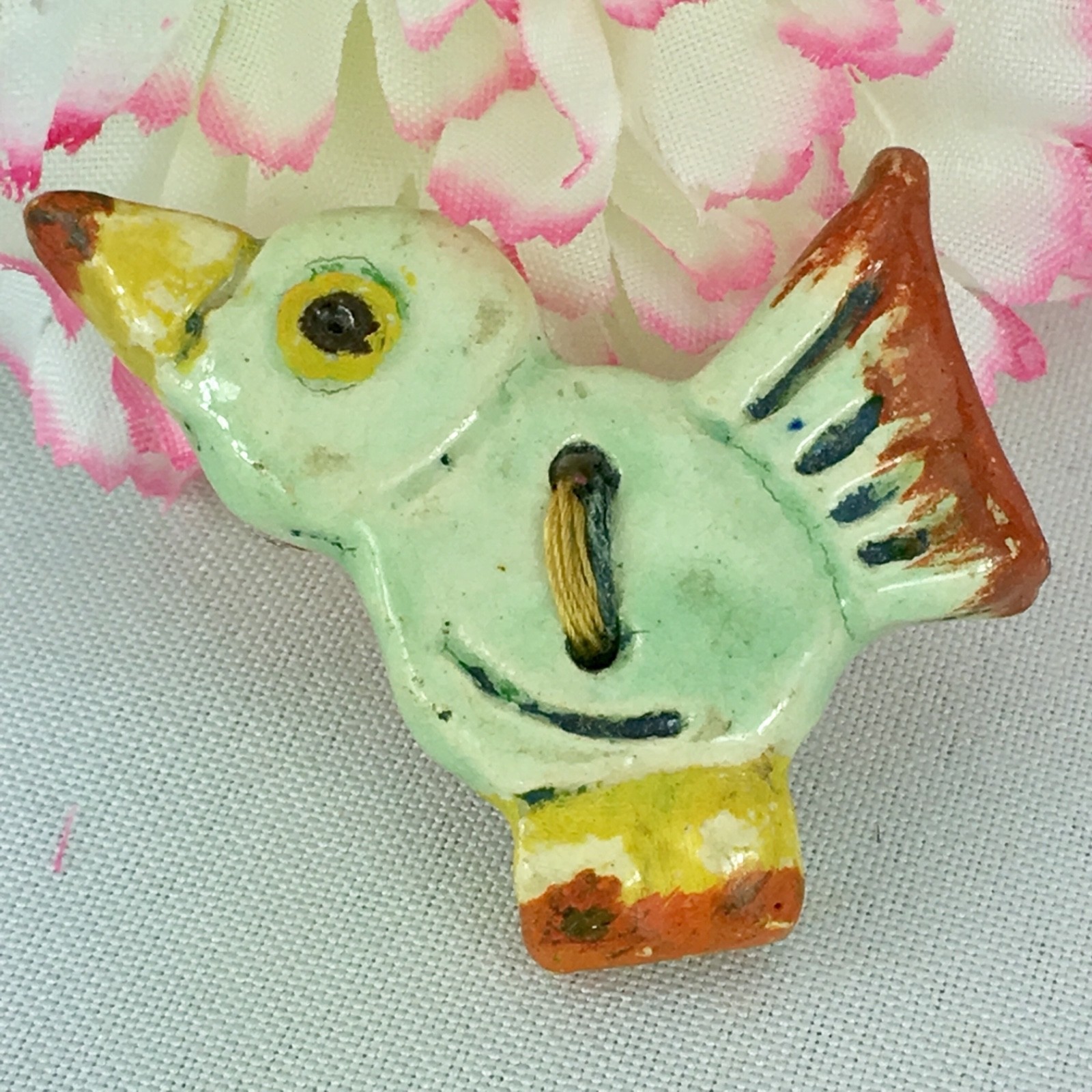 Vintage Handmade Hand Painted Ceramic Pottery Button Figural Bird