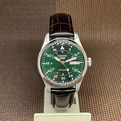 Pre-owned Seiko 5 Sports Srpj89k1 Automatic Green Dial Brown Leather Men's Dress Watch