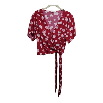 Lush Floral Wrap Cropped Blouse V-neck Short Sleeves Size Large Berry Cream NWOT
