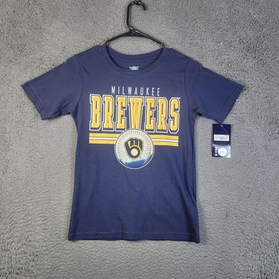 Milwaukee Brewers Shirt Boys Medium 8/10 Navy Blue MLB Baseball Tee New Genuine
