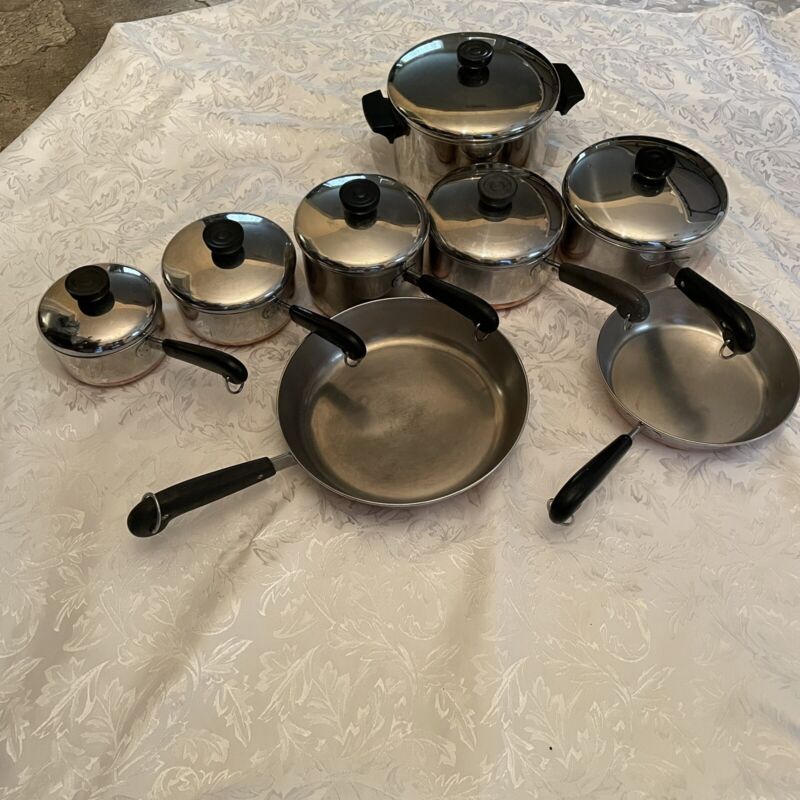 VTG 14 Piece Assorted Size Lot Revere Ware Cooking Pots ALL WITH LIDS 2 Skillets