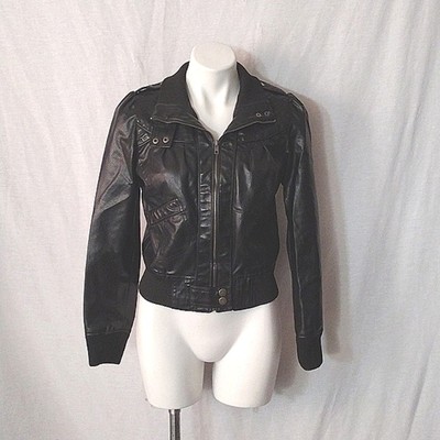 Max Rave Black Vegan Leather Cropped Motorcycle Bomber Jacket Medium