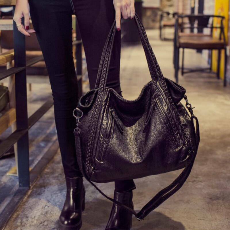 Schwarz Damentasche Leder Shopper Bag Handtasche Tragetasche Schultertasche