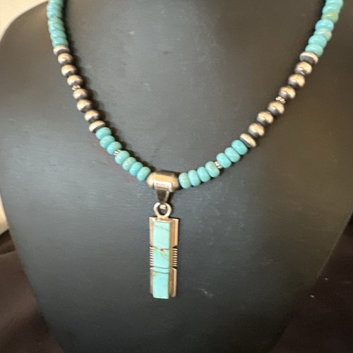 Pre-owned Handmade Blue Kingman Turquoise Inlay Pendant Navajo Sterling Silver Necklace 21” 16930