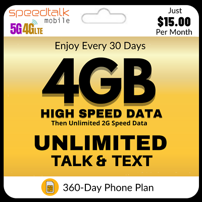 $15/Mo. SIM Card Kit Unlimited Data Talk Text Prepaid SpeedTalk Smart Phone Plan