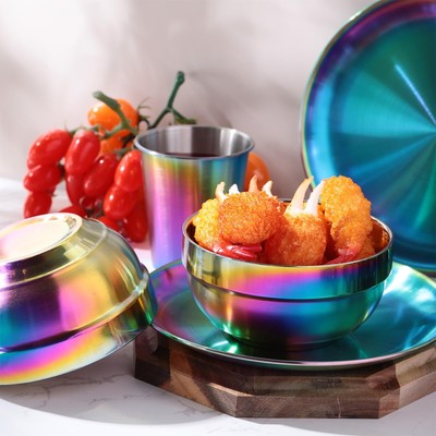 30 Pcs Rainbow Stainless Steel Dinnerware Set Include Set of 10 Plates Bowls ...