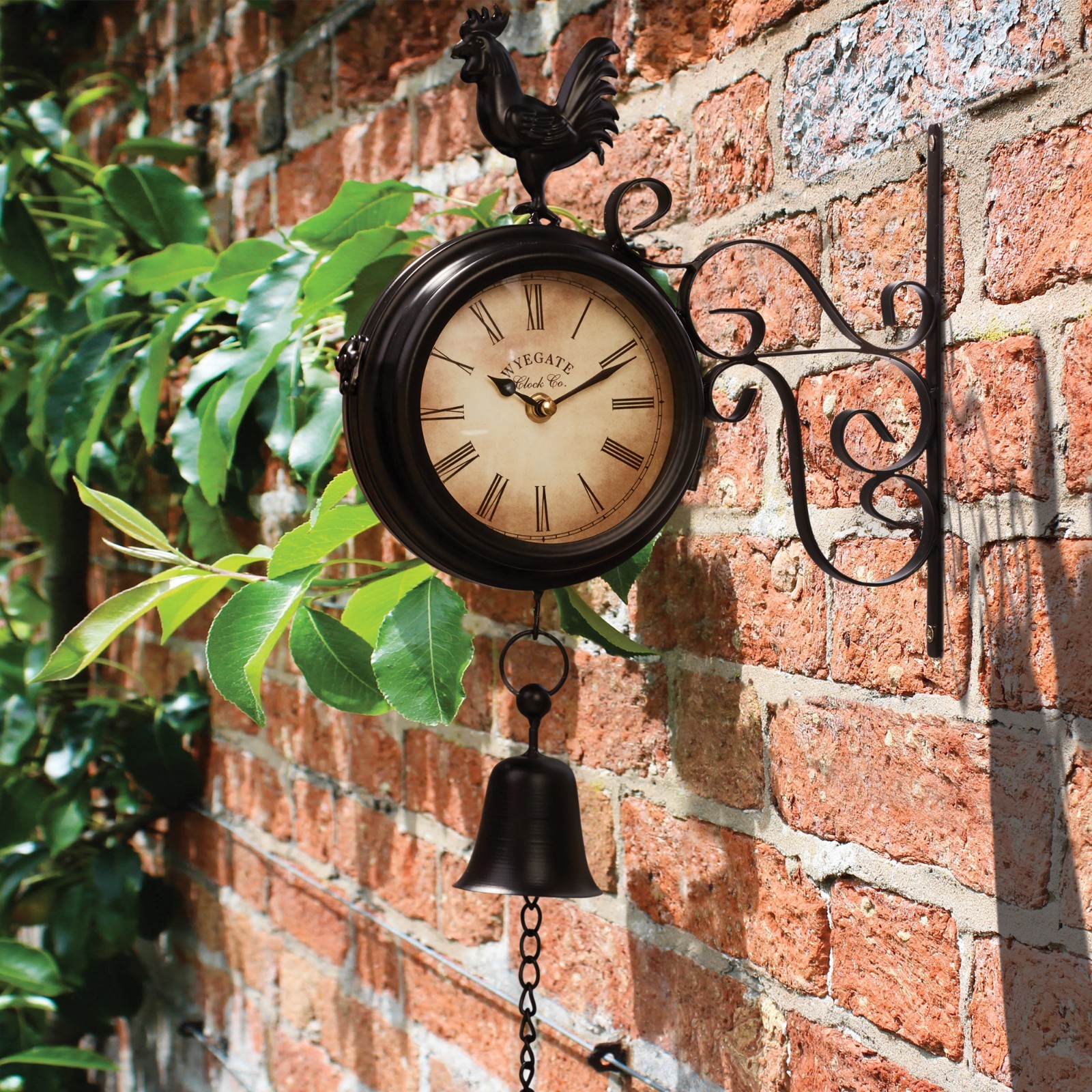 Wyegate Garden Station Clock Wall Mount Rooster Outdoor Thermometer