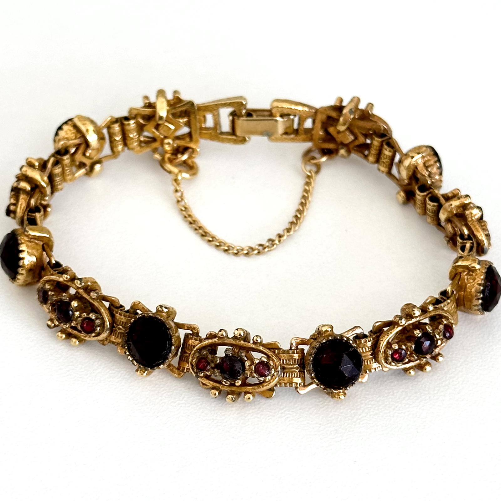Vintage Gold Tone Dark Red Rhinestone Bohemian Safety Chain