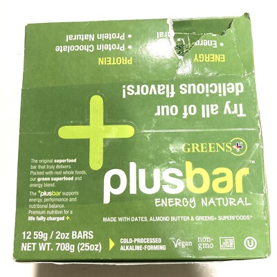 Greens+ Plusbar Energy Natural | Vegan Protein Bars | Energy Bars | 12 Bars