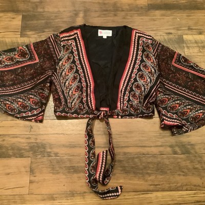 Wrap Crop Top Paisley SM Tie Front Bell Sleeve Hippie BoHo L astiste By Amy
