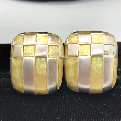 Vintage Carolee Brushed Silver tone & Yellow  Enamel Clip-on Earrings  RARE