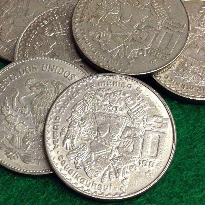 MEXICO $50 Pesos, topless AZTEC Moon Goddess 50 Peso Coin, 1982-1984 type