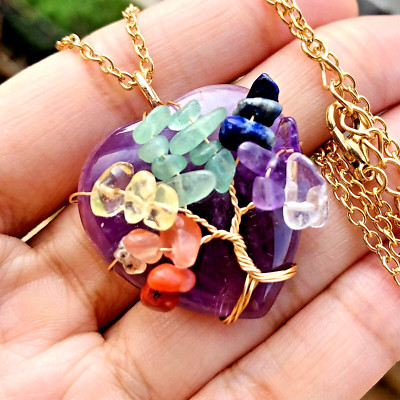Healing 7 Stone Gold Tree Chakra Romantic Heart Pendant Necklace Free Gift Bag