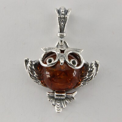 Cognac / Brown BALTIC AMBER Smart Owl Pendant 925 STERLING SILVER Poland #3511e